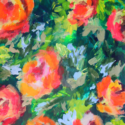 Red rose on green surface. Hand painted wall art.