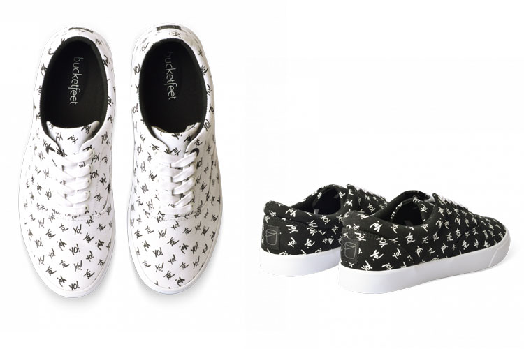 Black and white YO! surface pattern design on hip hop shoes.