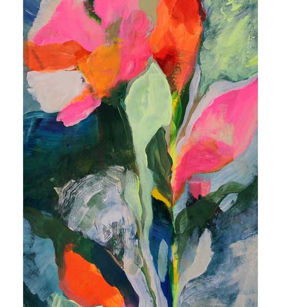 Bright abstract flowers acrylic painted art piece by Susanna Nousiainen