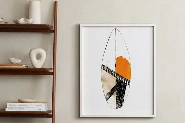 SUrfboard wall art piece on room environment.