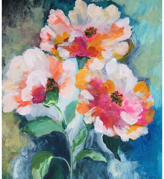 Pink flowers acrylic painted art piece by Susanna Nousiainen